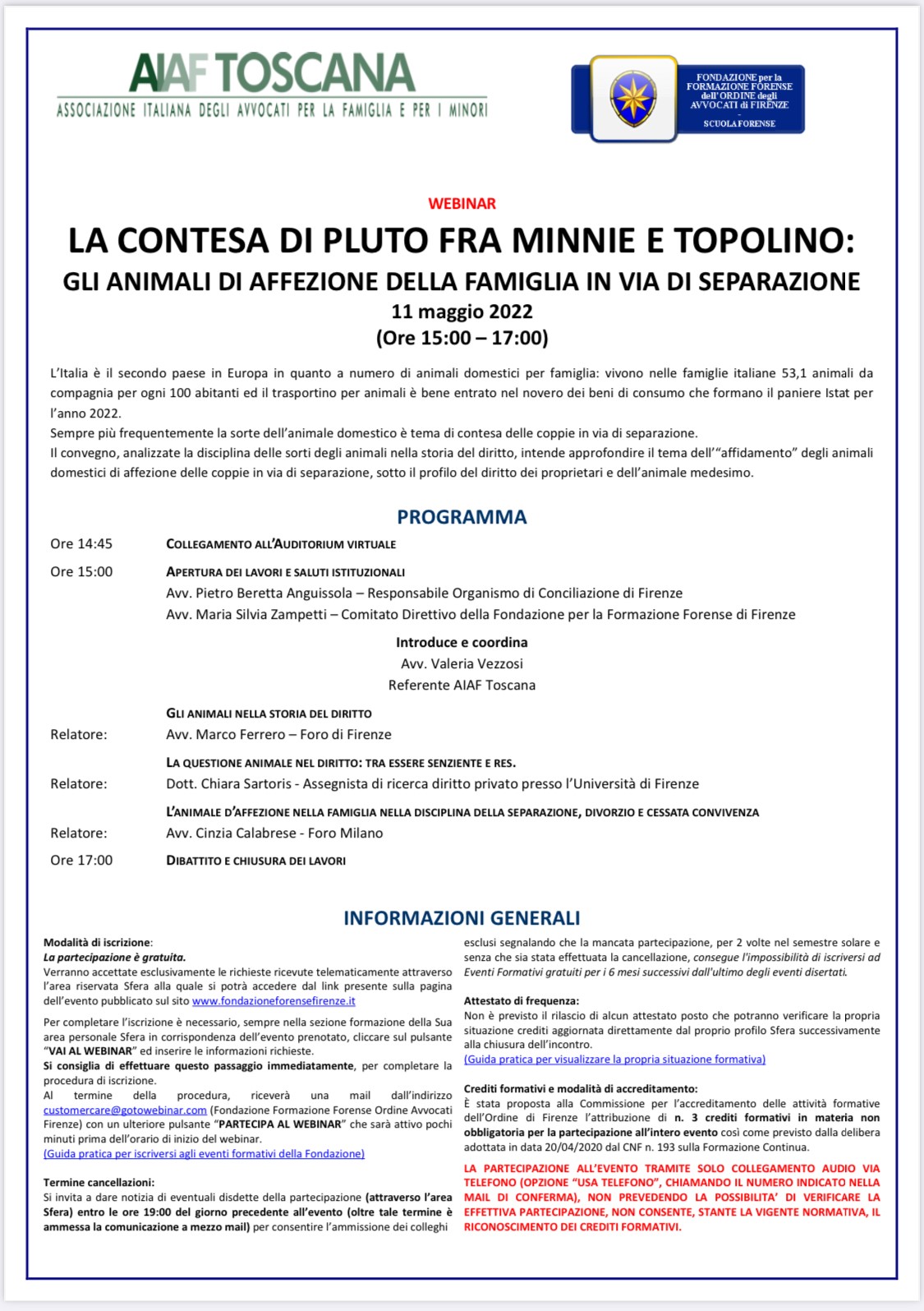 Aiaf Toscana presenta "LA CONTESA DI PLUTO FRA MINNIE E TOPOLINO: GLI ANIMALI DI AFFEZIONE DELLA FAMIGLIA IN VIA DI SEPARAZIONE"
